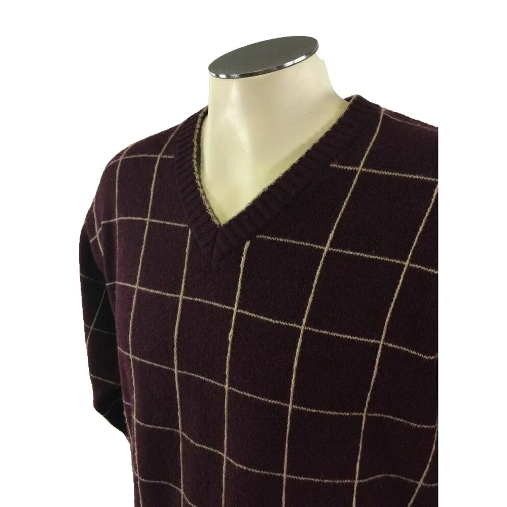 Orvis Vneck 100% Wool Sweater M Maroon‎ Gold Checks Golf Fishing Mens